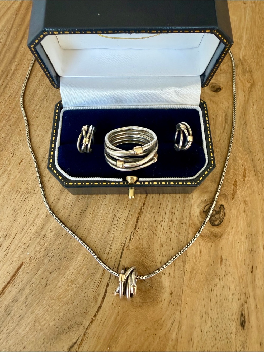 Pandora Two-Tone Silver and Gold Knot Necklace with Matching Ring and Earrings